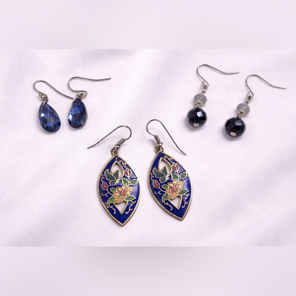 Dark Blue Dangle Earrings Set | 3 Pair Navy Statement Earring Collection Costume